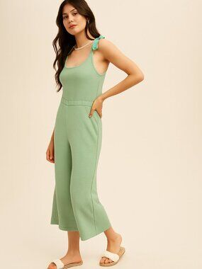 HEM & THREAD Tie Shoulder Knit Jumpsuit | Sage Green